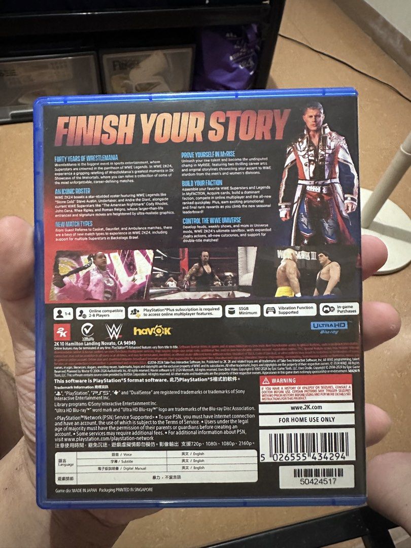 WWE 2K24 PS5 Game (Category: PlayStation) located in Las Pinas. Submitted by treyyywayyy (Listing ID 1456911312, Image 2). Description: - WWE 2K24 for PlayStation 5 - Features top WWE Superstars and Legends - New match types and enhanced gameplay - Create and manage your own WWE Universe - Build your ultimate roster - Online multiplayer requires PlayStation Plus subscription - Supports vibration feedback - Ultra HD Blu-ray disc format.