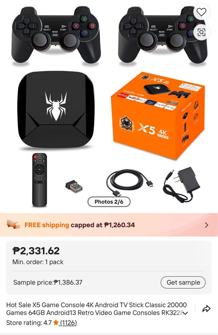 X5 4K Android TV Stick Retro Video Game Console with 2 Controllers (Category: Others) located in Manila. Submitted by starbalesukandjapansurplus (Listing ID 1456822368, Image 1). Description: AS IS HINDI NATESTING - Play over 20,000 classic games - 4K Android TV stick - Supports up to four players - Runs on the latest Android 13 system - Easily switch between TV and games - Includes: 2 controllers, remote, power adapter, and cables - Perfect for 