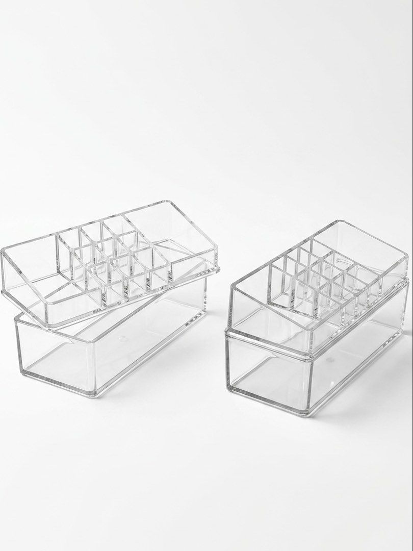 2-Layer Clear Acrylic Makeup Organizer (Category: Makeup) located in Quezon City. Submitted by kaye_mm (Listing ID 1457034320, Image 1). Description: - Two-piece clear acrylic organizer - Top tray with multiple compartments for lipsticks & small items - Deep lower layer for larger products - Stackable design for space-saving - Keeps vanity/desk tidy and organized - Ideal for makeup, skincare, or desk essentials.