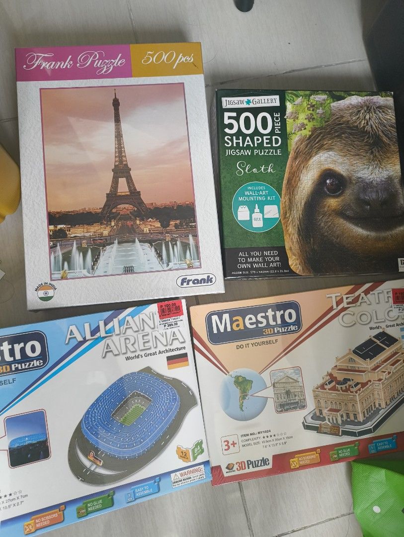 500pc Frank Eiffel Tower Puzzle & 3D Architecture Puzzles (Category: Board Games & Puzzles) located in Makati City. Submitted by macegray (Listing ID 1457035210, Image 1). Description: - Bundle includes 3 exciting puzzles. - Features a 500-piece Frank puzzle of the Eiffel Tower. - Includes two 3D architecture puzzles: Allianz Arena and Teatro Colon. - All puzzles are brand new and factory-sealed. - Ideal for experienced puzzlers or as a thoughtfu