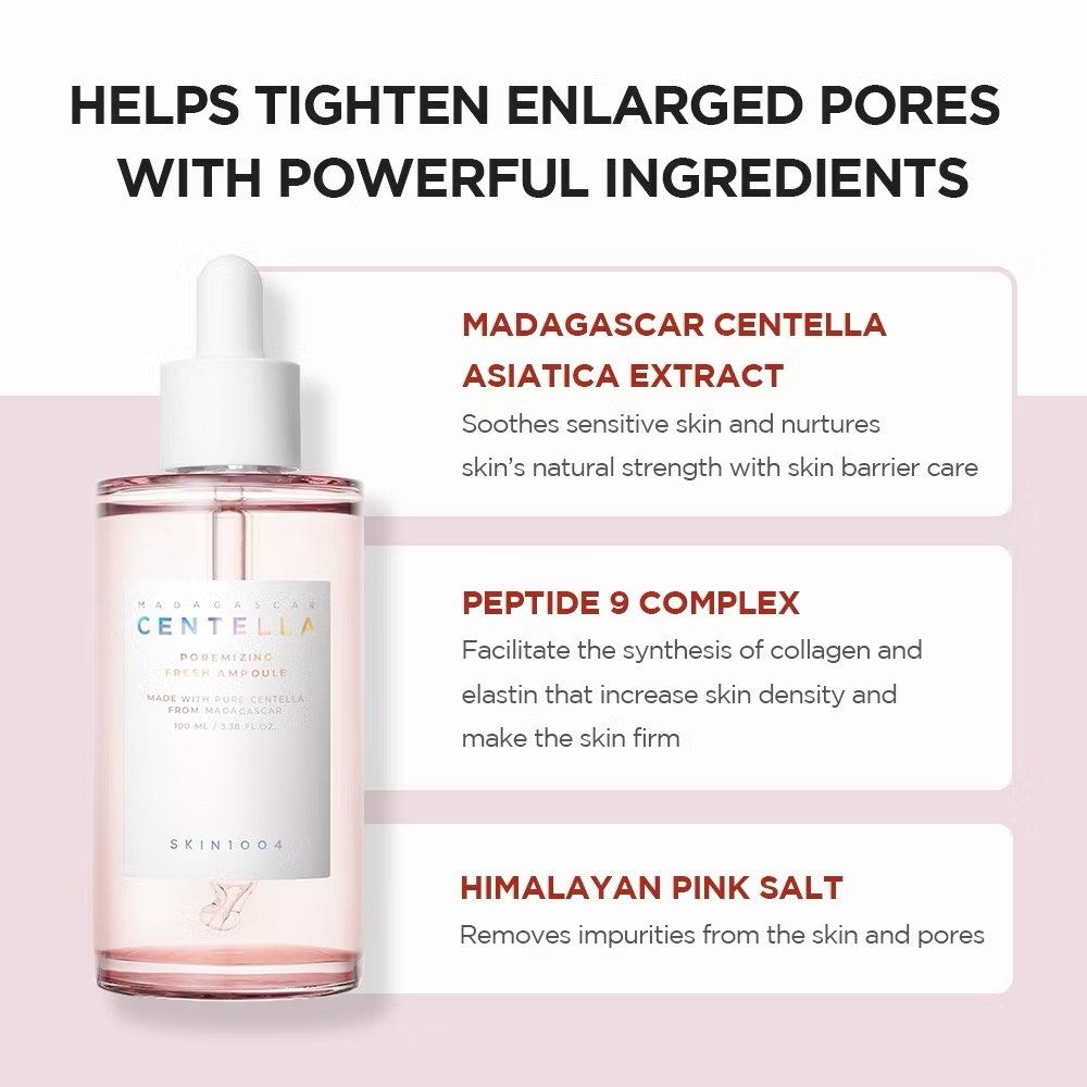 60% OFF [SKIN1004] Madagascar Centella Poreless Ampoule 100ml (Category: Face Care) located in Caloocan City. Submitted by fromnine (Listing ID 1456966235, Image 2). Description: SKIN1004 Madagascar Centella Poreless Ampoule - Helps tighten enlarged pores - Made with pure Centella from Madagascar - Contains Peptide 9 Complex and Himalayan Pink Salt - Soothes sensitive skin and nurtures skin barrier - Removes impurities from skin and pores - Size: