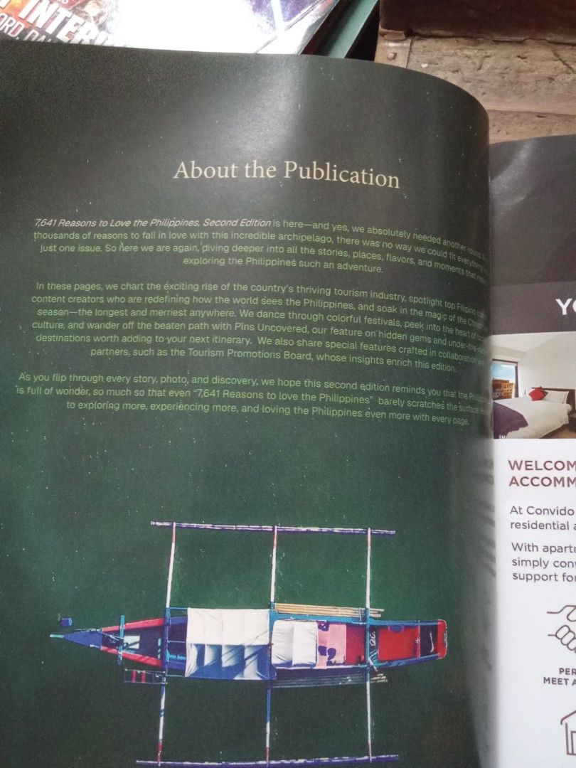 7641 Philippine islands magazine (Category: Magazines) located in Pasig City. Submitted by teebeedeee (Listing ID 1457139156, Image 2). Description: - Magazine title: 7,641 Reasons to Love the Philippines - Special publication by the American Chamber of Commerce - Showcases the beauty and diversity of the Philippine archipelago - Features stunning photography and engaging travel stories - Covers topics like islands, festivals, culture, and sustai