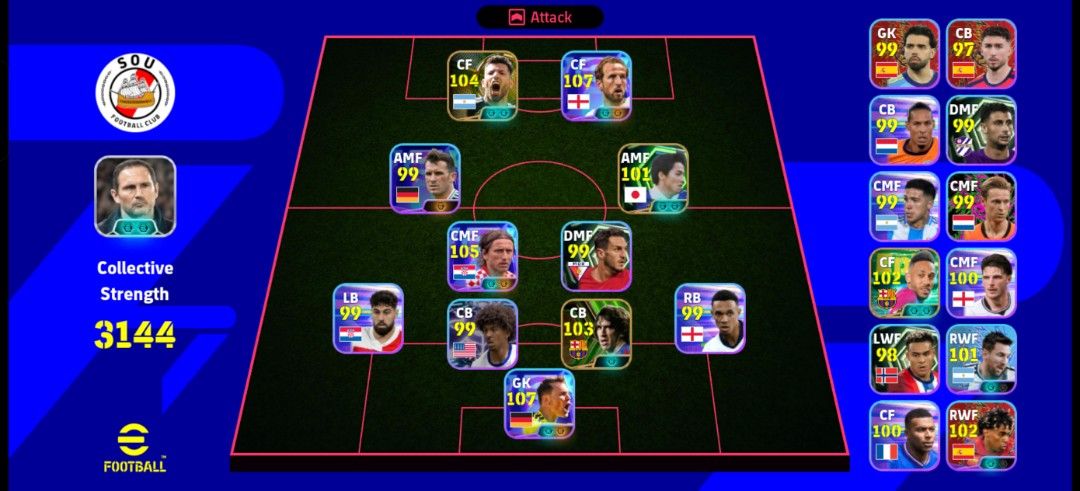 Acc Efootball Solid (Category: Others) located in Shah Alam. Submitted by mdstore369 (Listing ID 1457085491, Image 1). Description: Best Starter and To Build 🔥 - Collective Strength 3144. - Strong lineup featuring multiple 100+ rated players. - Key players include: - CF 107 - CF 104 - CMF 105 - GK 107 - CB 103 - Also includes other high-rated players like CF 102 and RWF 102. - Ready to play and enhance your team..
