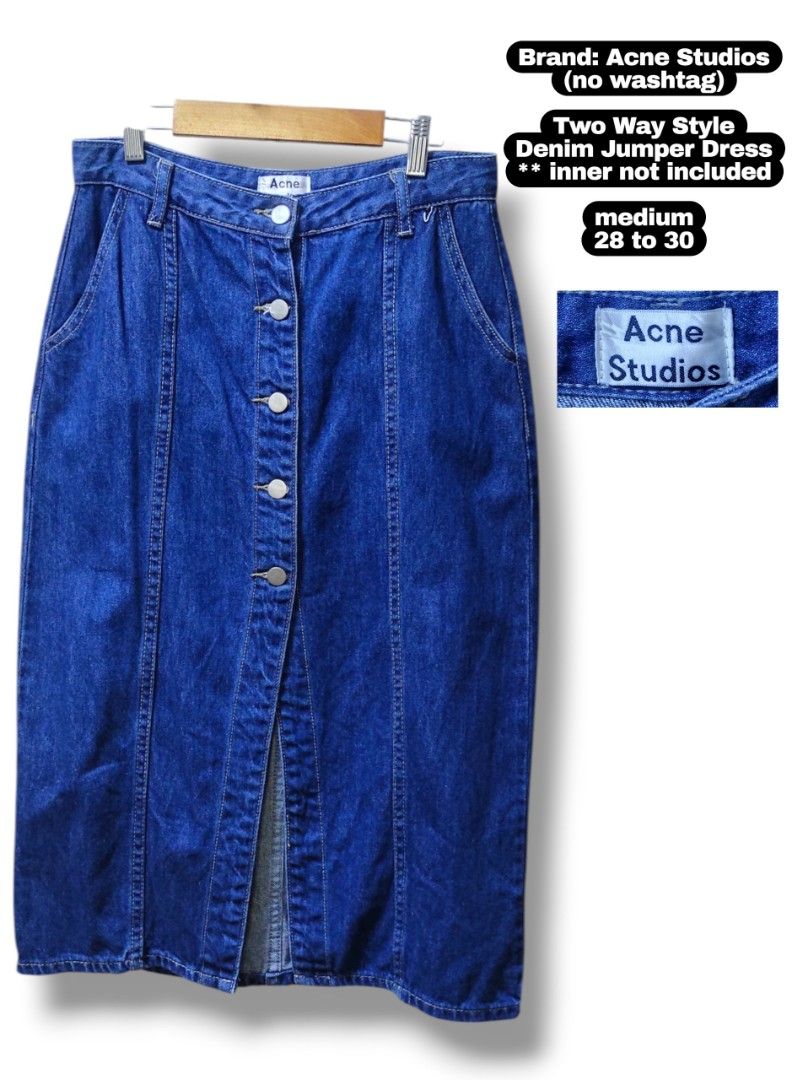 Acne Studios Two Way Style Denim Jumper Skirt Medium (Category: Dresses) located in San Fernando. Submitted by lrrndc (Listing ID 1457073989, Image 2). Description: - Acne Studios (on tag) - No wash tag - Denim Jumper Skirt - Versatile two-way style - Straps can be removed - Functional buttons down the front - Semi Soft Denim - 10/10 quality - Best fits medium size (waist 28-30 inches) - Ideal for casual outfits - Inner top is not included.