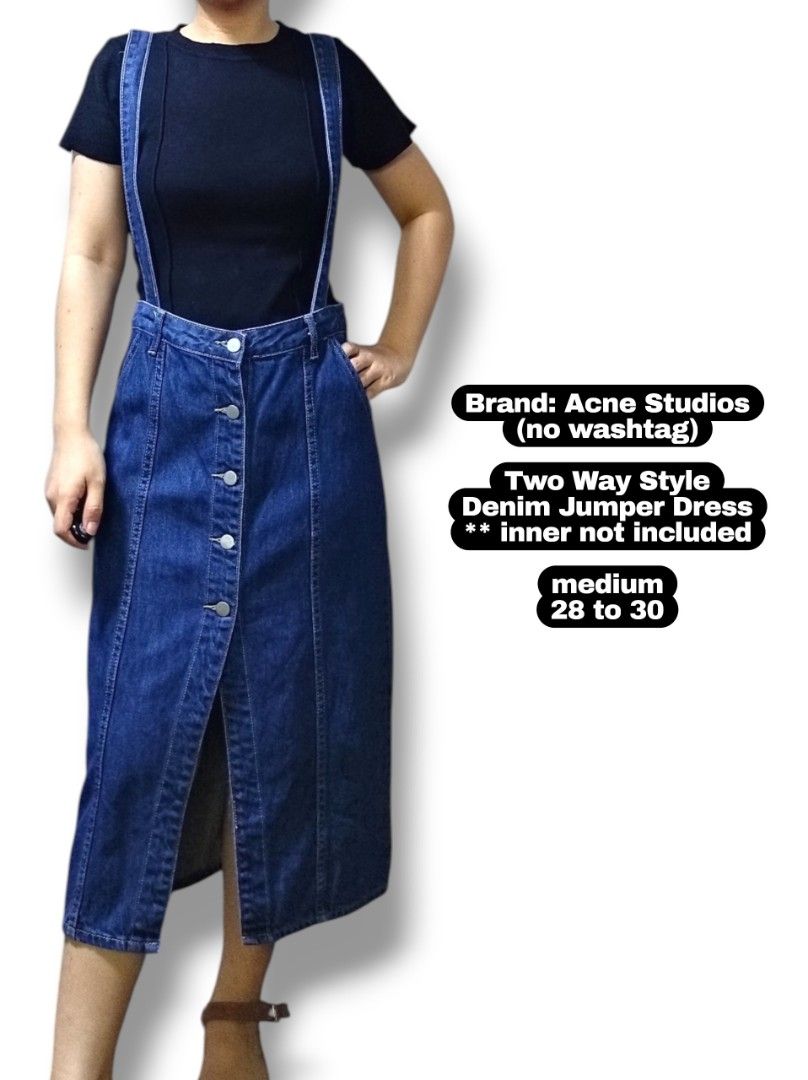 Acne Studios Two Way Style Denim Jumper Skirt Medium (Category: Dresses) located in San Fernando. Submitted by lrrndc (Listing ID 1457073989, Image 1). Description: - Acne Studios (on tag) - No wash tag - Denim Jumper Skirt - Versatile two-way style - Straps can be removed - Functional buttons down the front - Semi Soft Denim - 10/10 quality - Best fits medium size (waist 28-30 inches) - Ideal for casual outfits - Inner top is not included.