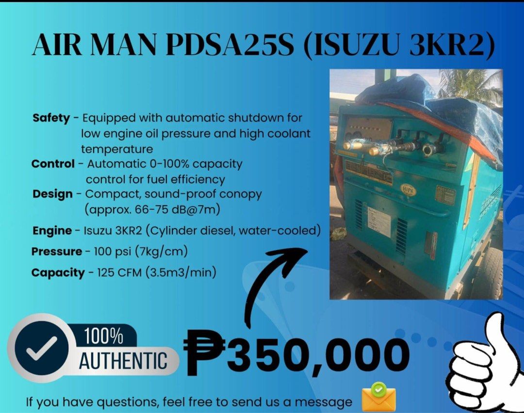 Airman PDS125 (Category: Construction Tools & Equipment) located in Manila. Submitted by richmond.richmond (Listing ID 1457035451, Image 1). Description: Japan surplus airman pds125 Bought japan surplus but never used Selling same price as we bought We also have pinoy surplus pds175 Same price Same story, we bought but never used.
