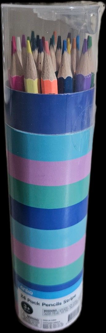Anko 24 Pack Pencils Stripe (Category: Stationery & School Supplies) located in Makati City. Submitted by xzyche (Listing ID 1456977609, Image 1). Description: - Pack of 24 colored pencils - Unique striped design on container - Ideal for drawing and coloring activities - Suitable for children aged 3 and up.