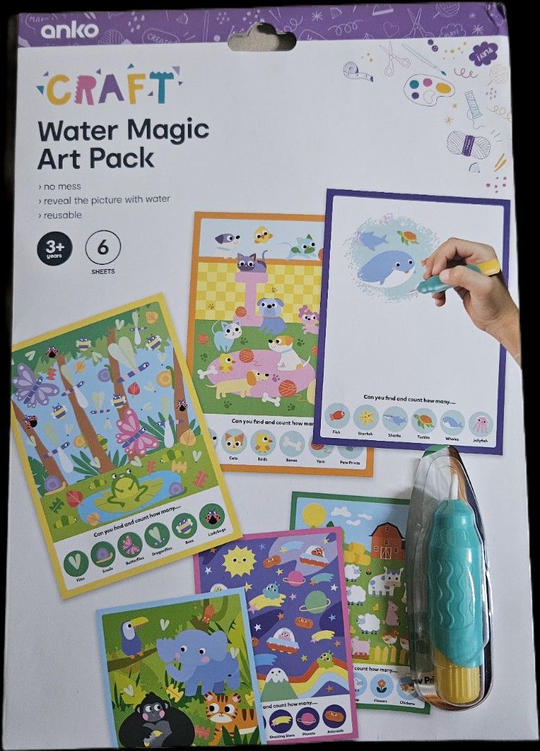 Anko Craft Water Magic Art Pack - 6 Sheets, Reusable (Category: Craft Supplies & Tools) located in Makati City. Submitted by xzyche (Listing ID 1456977630, Image 1). Description: - Anko Water Magic Art Pack - Simply add water to reveal hidden pictures - Mess-free creative fun - Includes 6 reusable sheets - Features themes like animals and space - Easy for kids to use and clean up - Unused but packaging is broken a bit.