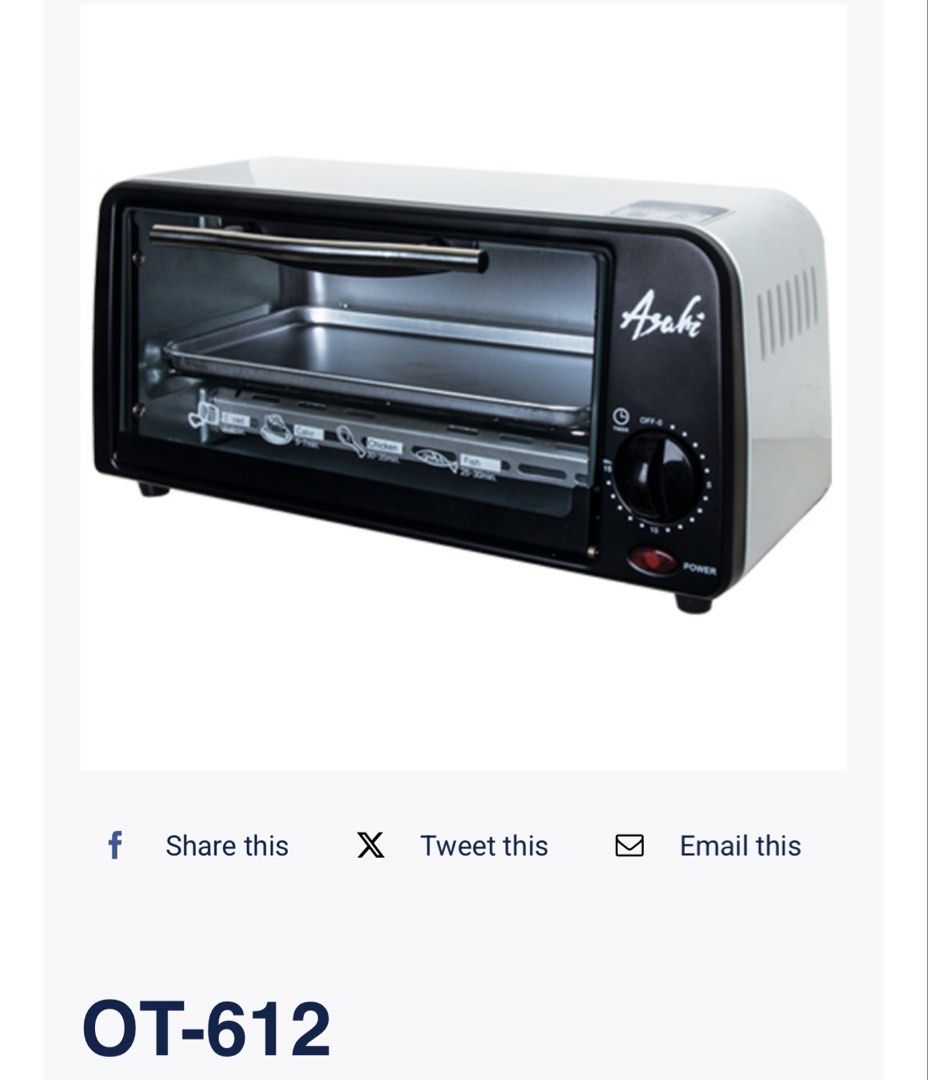 Asahi OT-612 oven toaster (Category: Cookware & Accessories) located in Manila. Submitted by silverdolphin-7cefff (Listing ID 1456970249, Image 1). Description: Brand new oven toaster, nasa box pa po never been used. 6-Liter capacity 700W 15-minute timer with bell Thermostat controlled heating operation With indicator light Powder coated steel body Large viewing glass door I can provide actual photos. Send me a message. *photo and description fro