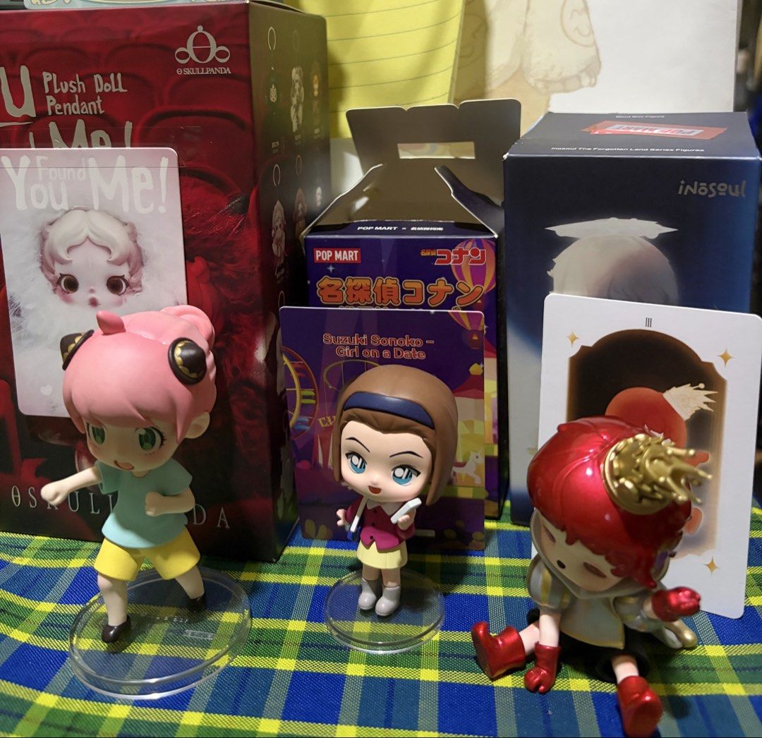Assorted Popmart Items (Category: Designer & Blind Box Toys) located in Mandaluyong City. Submitted by decluttering.manda (Listing ID 1457066357, Image 1). Description: You Found Me!: Ghostie - 1,100 (sealed) Detective Conan: Suzuki Sonoko - 300 (mint w/bnc) SpyxFamily: Exercise Anya - 300 (mint w/bfnc) Forgotten Land: True Self - 400 (mint w/bfnc)* .
