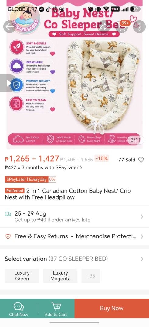 Baby Nest / Co Sleeper Bed with Cute Cat Print (Category: Cots & Cribs) located in Paranaque City. Submitted by celinabaraceros (Listing ID 1457033690, Image 2). Description: Used 1-2 times only With 2 covers RFS: extra bed Brand new bed is roughly 1400 Brand new sheets is roughly 450/each Non negotiable for now. Pick up via lalamove only Avida Towers Sucat.