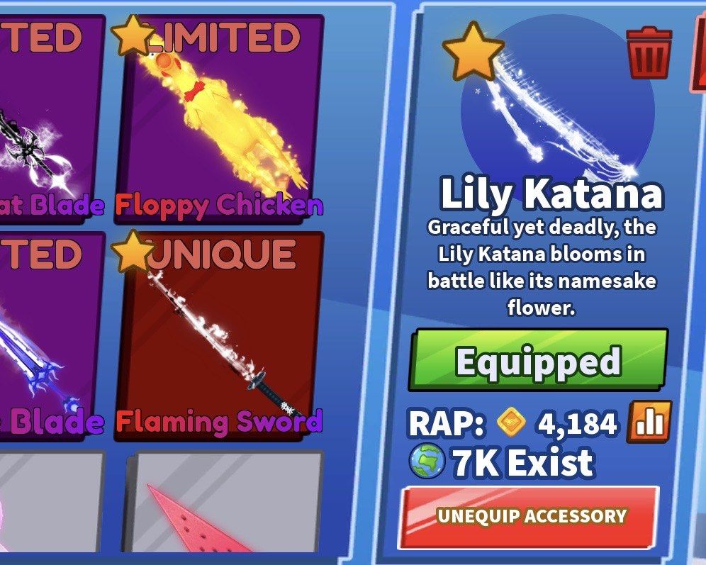 Blade Ball 刀刃球 - Lily Katana (cheap) （分類：遊戲週邊商品）位於 Hong Kong。 由 h28532 提交（商品編號 1457075899，圖片 1）。簡介： Selling at $300 - Lily Katana on Blade Ball game in Roblox. ~ dm for more info ~。