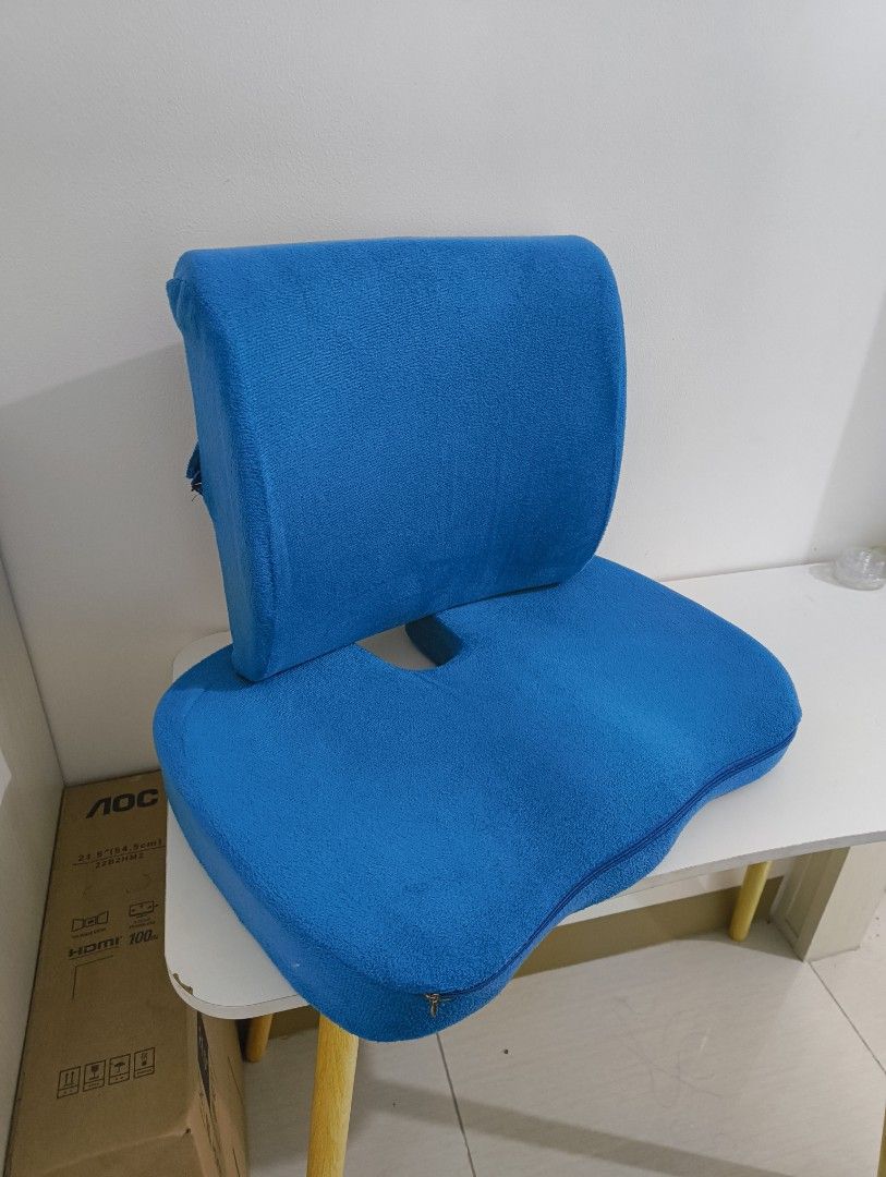Blue Ergonomic Seat Cushion and Lumbar Support Set (Category: Chairs) located in Makati City. Submitted by macegray (Listing ID 1457034066, Image 1). Description: - Comfortable blue seat cushion and back support set. - U-shaped seat cushion designed for pressure relief. - Helps improve posture and sitting comfort. - Versatile use: office chairs, car seats, and more. - Features an easy-to-clean cover..