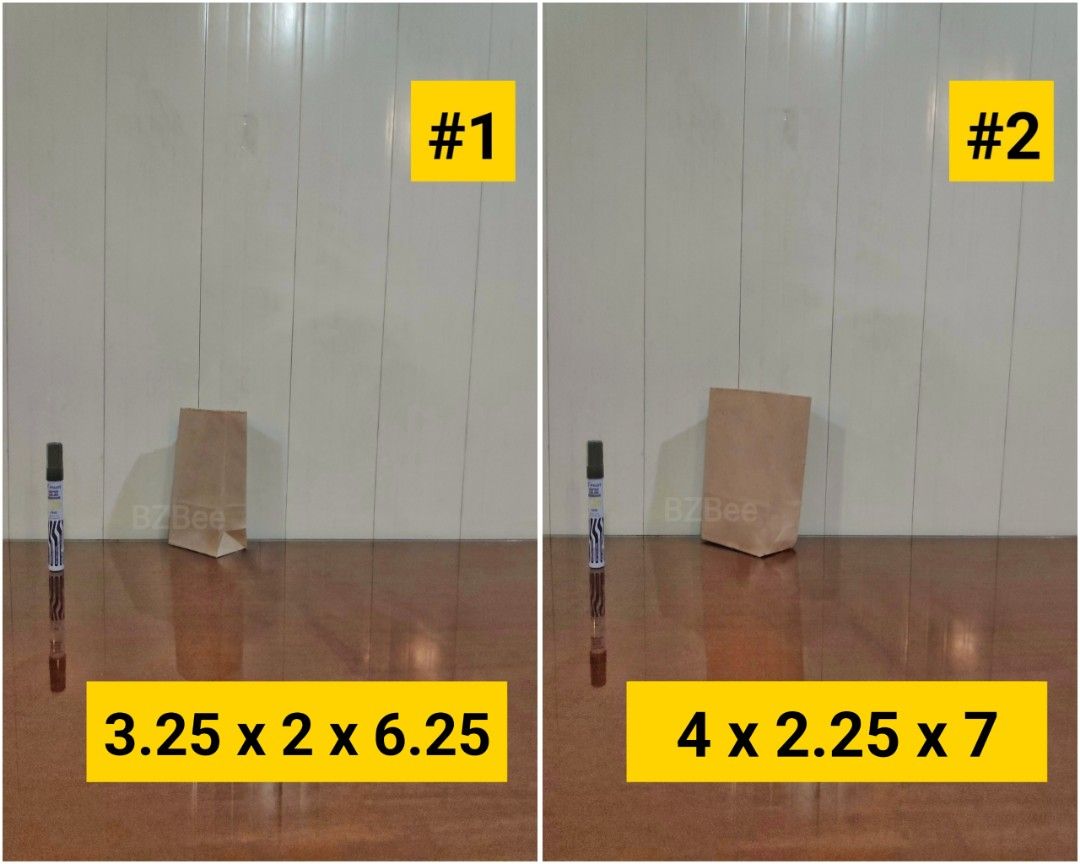 Brown Paper Bags (Category: Food Organization & Storage) located in Mandaluyong City. Submitted by bzbee.packaging (Listing ID 1457084404, Image 2). Description: Brown Paper Bags ▪️Sold per pack of 100pcs 🔶PRICE LIST 100pcs #1 = P38 #2 = P46 #3 = P54 #4 = P64 #5 = P80 #6 = P87 #8 = P114 #10 = P116 #12 = P122 #16 = P207 #20 = P216 #25 = P224 #35 = P275 #45 = P366 Meal bag #2 = P182 Meal bag #3 = P285 ▪️MEASUREMENTS (inches) (Front x Side x Height