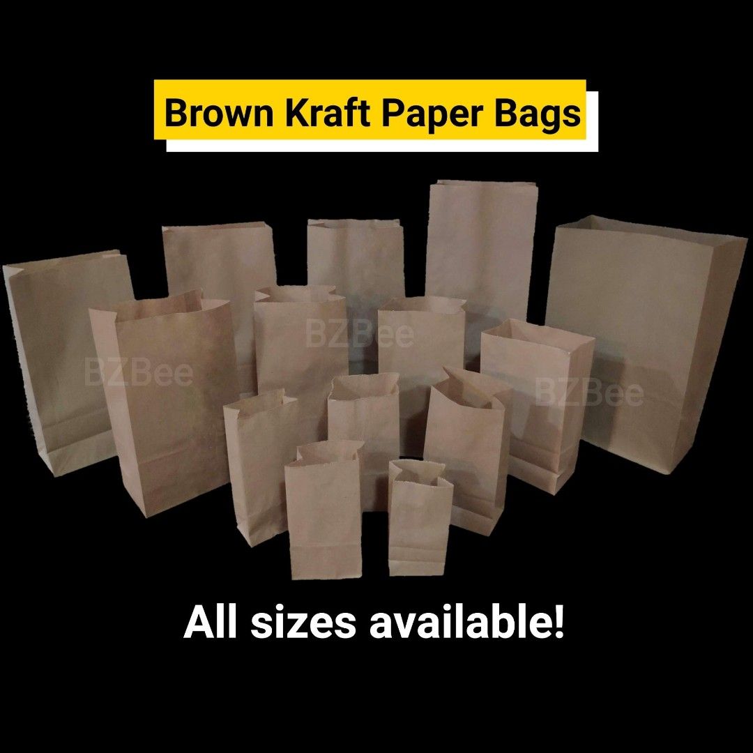 Brown Paper Bags (Category: Food Organization & Storage) located in Mandaluyong City. Submitted by bzbee.packaging (Listing ID 1457084404, Image 1). Description: Brown Paper Bags ▪️Sold per pack of 100pcs 🔶PRICE LIST 100pcs #1 = P38 #2 = P46 #3 = P54 #4 = P64 #5 = P80 #6 = P87 #8 = P114 #10 = P116 #12 = P122 #16 = P207 #20 = P216 #25 = P224 #35 = P275 #45 = P366 Meal bag #2 = P182 Meal bag #3 = P285 ▪️MEASUREMENTS (inches) (Front x Side x Height