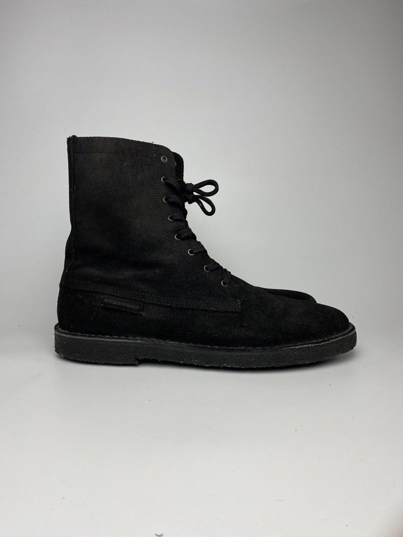 Burberry Black Suede Lace-up Boots (Category: Boots) located in Lipa City. Submitted by 4217_ (Listing ID 1457011337, Image 2). Description: - Brand: Burberry - Material: Suede - Color: Black - Style: Mid-calf combat boots - Closure: Lace-up front and side zip - Condition: Good, with some signs of wear on soles and suede - Ideal for: Everyday wear.