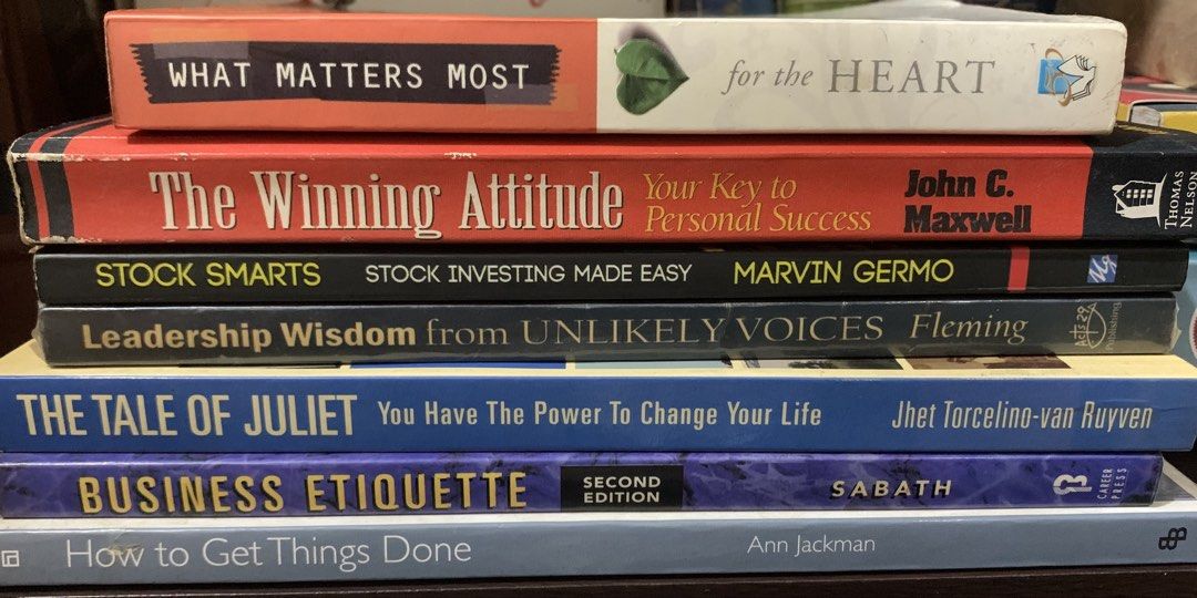 Business / Self Help Books Bundle (Category: Storybooks) located in Valenzuela. Submitted by preloved_by_poshspeiz (Listing ID 1457107837, Image 1). Description: Business / Self Help Books Bundle - The Winning Attitude - Your Key to Personal Success - What Matters Most - The Tale of Juliet - You Have the Power to Change Your LIfe - Leadership Wisdom - Stock Smarts - Business Etiquette - How to Get Things Done Pre-loved. There are browning on the 