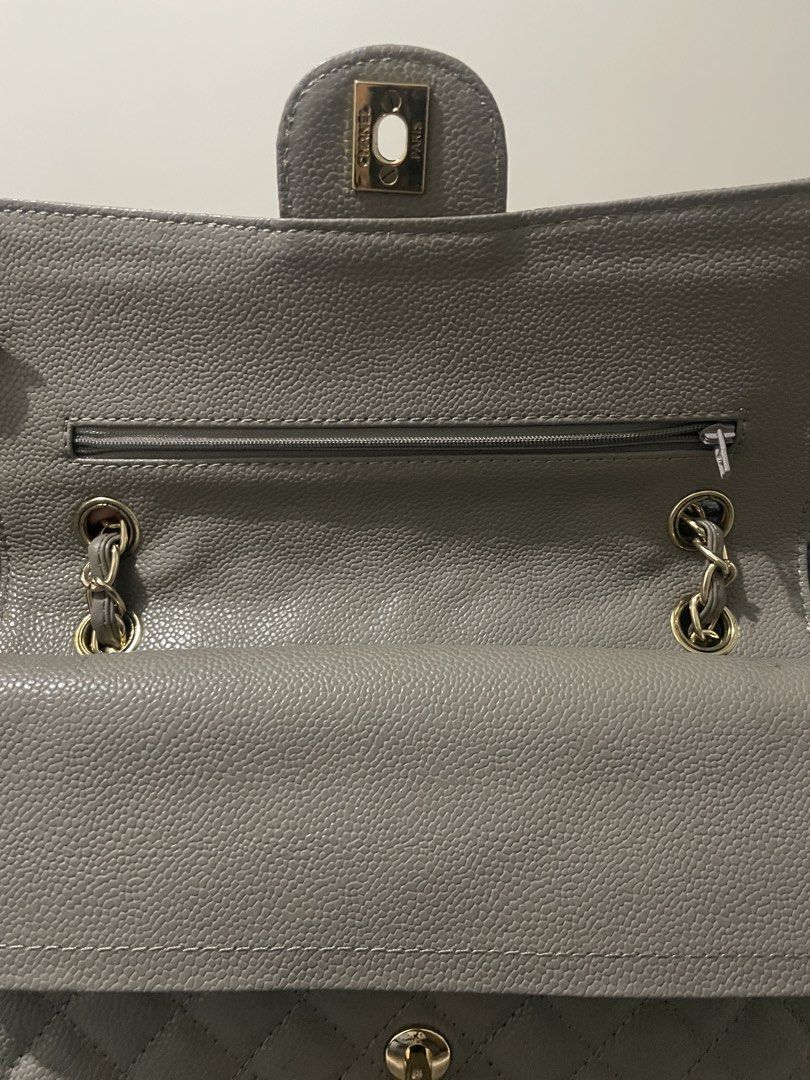 Chanel Grey Quilted Caviar Leather Flap Bag (Category: Luxury Bags & Wallets) located in Manila. Submitted by mjnlla (Listing ID 1457097904, Image 3). Description: -LP listed - Grey quilted caviar leather - Gold chain strap - Classic CC turn-lock closure - Made in France -No Inclusions -Loc: Ermita Manila .