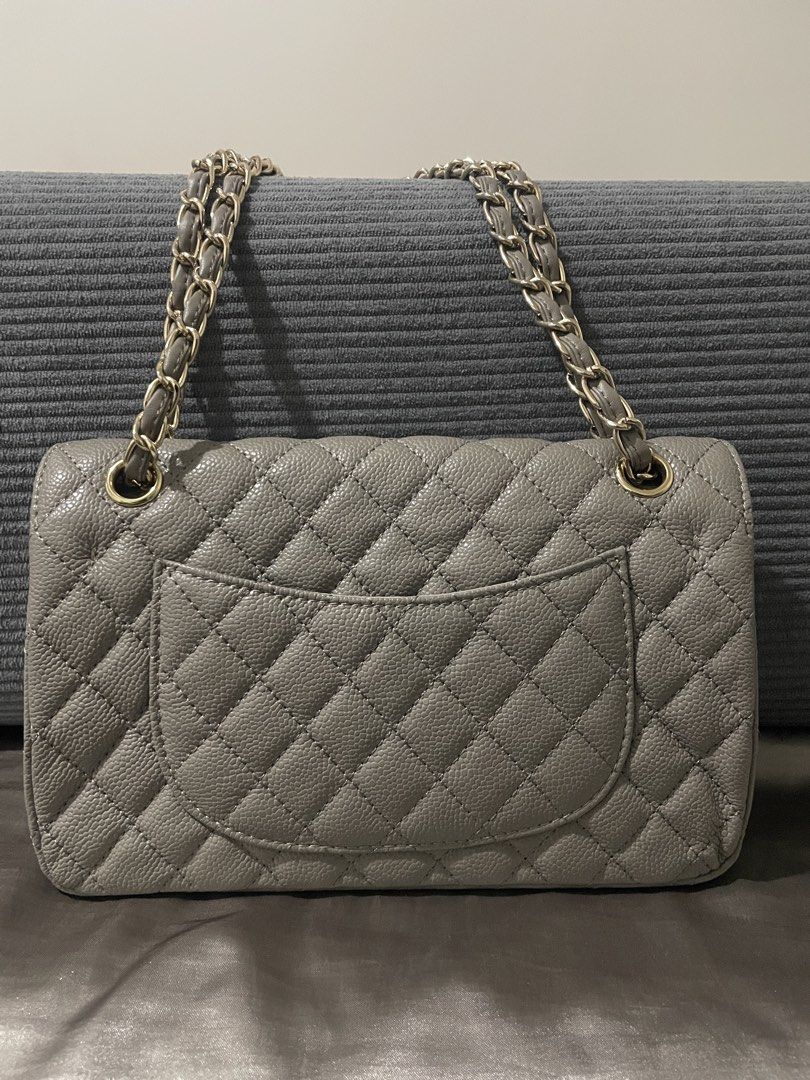 Chanel Grey Quilted Caviar Leather Flap Bag (Category: Luxury Bags & Wallets) located in Manila. Submitted by mjnlla (Listing ID 1457097904, Image 2). Description: -LP listed - Grey quilted caviar leather - Gold chain strap - Classic CC turn-lock closure - Made in France -No Inclusions -Loc: Ermita Manila .