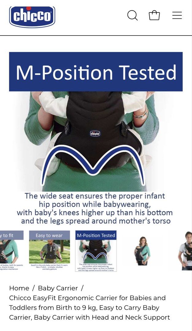 Chicco EasyFit Baby Carrier 0m+ (Category: Carriers & Slings) located in Quezon City. Submitted by ajsl23 (Listing ID 1457081531, Image 3). Description: - Chicco EasyFit Baby Carrier in Black Night - Suitable from birth up to 9kg - Ergonomic design for healthy hip development - Easy to wear, like a t-shirt - M-position tested for infant comfort and safety.