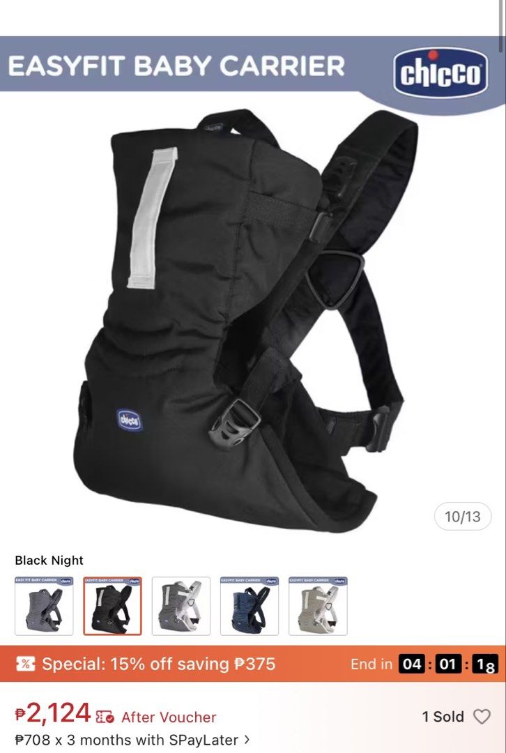 Chicco EasyFit Baby Carrier 0m+ (Category: Carriers & Slings) located in Quezon City. Submitted by ajsl23 (Listing ID 1457081531, Image 2). Description: - Chicco EasyFit Baby Carrier in Black Night - Suitable from birth up to 9kg - Ergonomic design for healthy hip development - Easy to wear, like a t-shirt - M-position tested for infant comfort and safety.