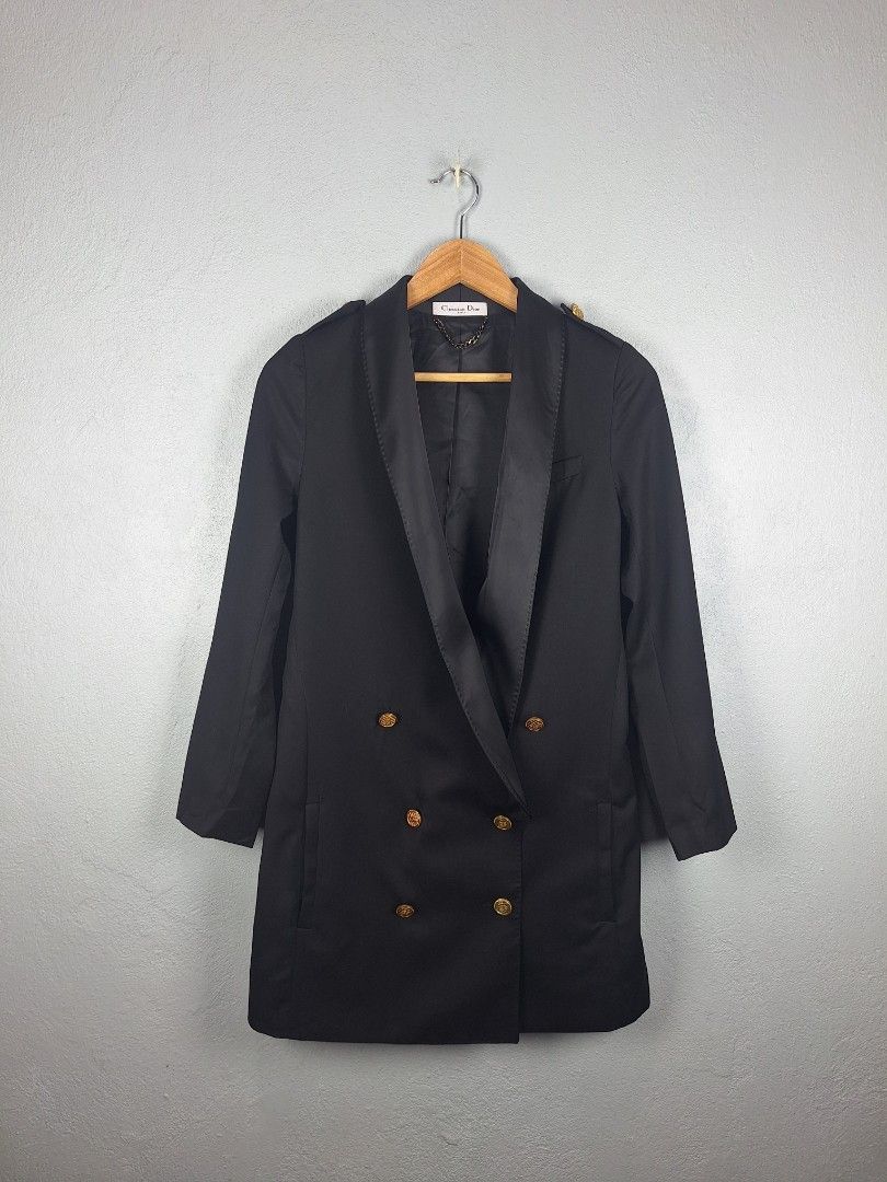 Christian Dior Black Double Breasted Blazer (Category: Luxury Apparel) located in Sibulan. Submitted by studioxano (Listing ID 1457014125, Image 1). Description: Christian Dior Black Double Breasted Blazer -P1500 + SF XS-Small Dimes: Length 33 / Width 17.5 shoulder 13.5 Excellent condition 9.5/10 color rate no issue Loc: Dumaguete city.