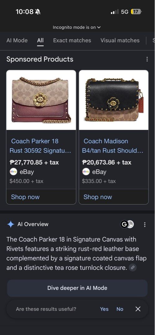 Coach Parker 18 Signature Canvas Rust (Category: Luxury Bags & Wallets) located in Santa Rosa. Submitted by justdecluterring_ (Listing ID 1457058481, Image 2). Description: - Authentic Coach Parker 18 bag - Signature coated canvas with rust-red leather base - Tea rose turnlock closure - Gold chain strap and stud details -Made in Philippines -Minimal issue.