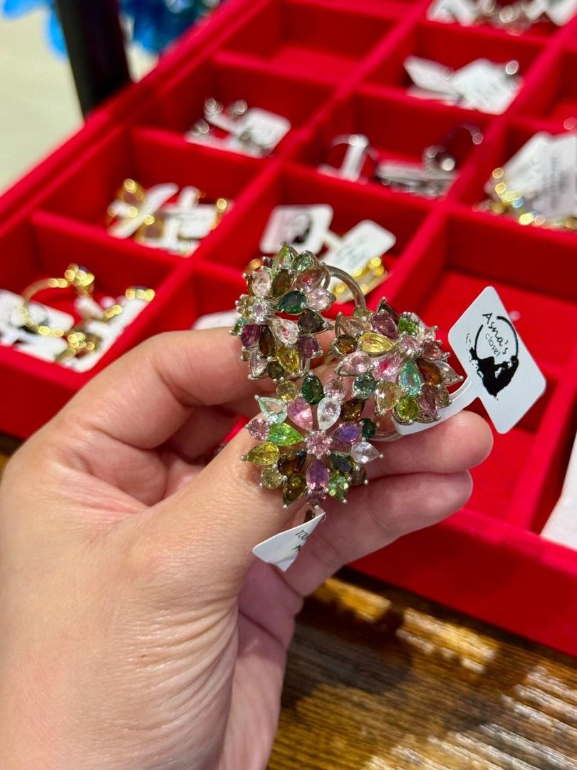 COLORFUL TOURMALINE STATEMENT RING (Category: Rings) located in Baguio. Submitted by asna_taku (Listing ID 1457041818, Image 3). Description: 🌈✨ COLORFUL TOURMALINE STATEMENT RING ✨🌈 A burst of color on your hand! 💚💗💛🤍 This gorgeous floral-inspired ring is made for the lady who loves color, sparkle, and a little drama. 😍 💎 Natural Colorful Tourmalines ✨ New Silver Setting 💍 Available sizes: S6, S7 & S8 💰 ₱9,480 A beautiful mix of pink, 