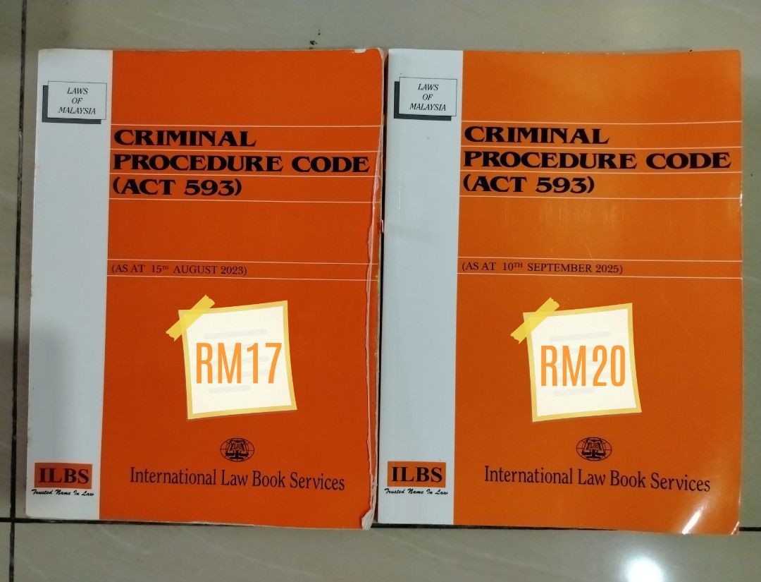 Criminal Procedure Code (Category: Assessment Books) located in Kuala Lumpur. Submitted by prelovedlawbooks_ (Listing ID 1456982815, Image 1). Description: 24. Criminal procedure code act 593, sept. 25 ~RM20 25. Criminal procedure code act 593, August 23 ~ RM17.