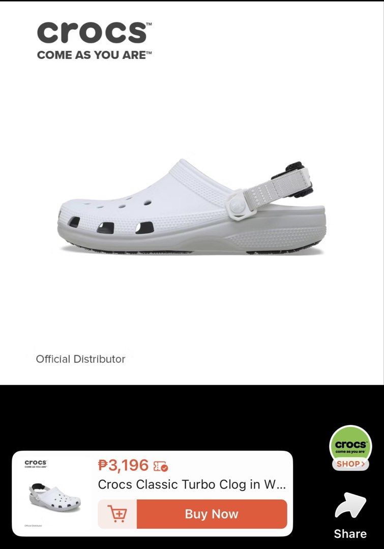 Crocs Classic Turbo Clog White Black Strap (Category: Slippers & Slides) located in Manila. Submitted by mabribee (Listing ID 1457066508, Image 2). Description: - White Crocs Classic Turbo Clogs - Size M 4 / W 6 - Lightly used and newly cleaned - A bit small for me used it for several times only - Authentic item from the physical store - Bought it for 3400.