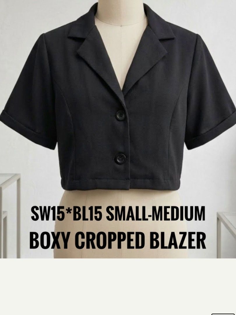 Cropped blazer Small-Medium Fit (Category: Coats, Jackets and Outerwear) located in Los Banos. Submitted by mckecollection (Listing ID 1444896723, Image 1). Description: Black croptop blazer. It has two buttons in the front. Short sleeves. Fits small to medium. Great for layering or wearing on its own. Simple and chic design..