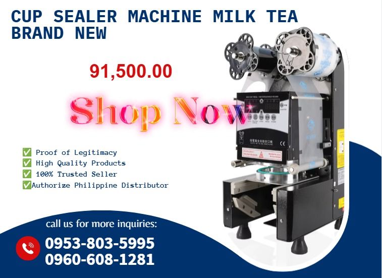 Cup Sealer Machine Milk Tea brand new (Category: Everything Else Others) located in Caloocan City. Submitted by 09616968642 (Listing ID 1457009841, Image 1). Description: ●Low temperature sealing machine drink below 60℃ PESO ₱75,600/set ●High temperature sealing machine drink below 92℃ PESO 91,500/set ●Capacity : 450 cup/hour Style : High temperature sealing machine drink below 60℃ Low temperature sealing machine drink below 92℃ ●Heat power : 1 K