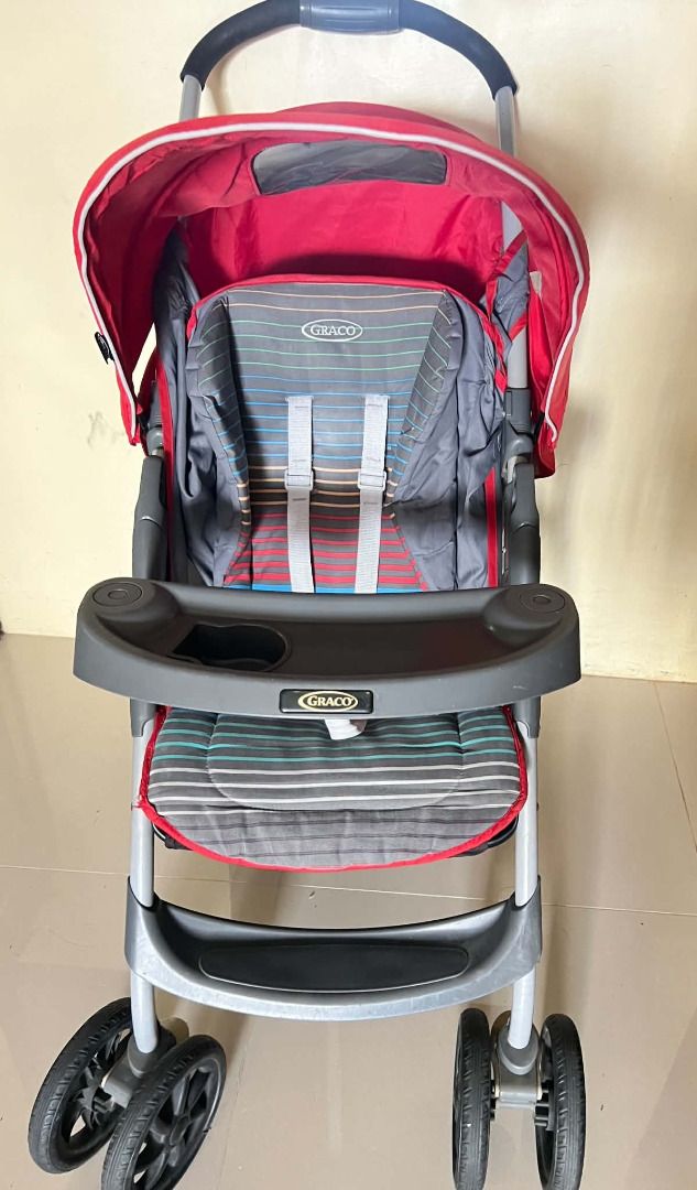 Declutter Sale: Used Graco Mirage Stroller (Category: Strollers) located in Imus. Submitted by vfamfinds (Listing ID 1456979156, Image 3). Description: Declutter Sale: Used Graco Mirage Stroller P2,500 plus shipping fee -Adjustable multi-position recline seat -Integrated child tray with cup holder -Foldable red sun canopy -Secure 5-point safety harness restraint NOTE: Signs of usage, faded coloring on pads.