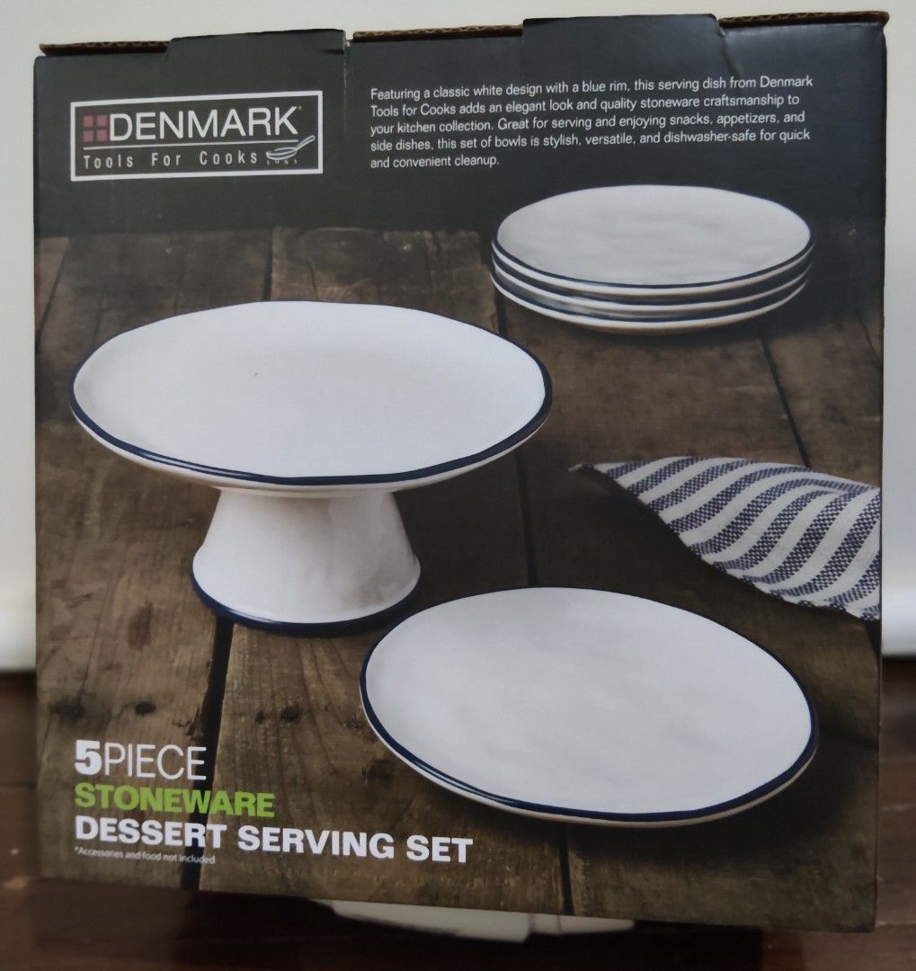 Denmark 5 Piece Stoneware Dessert Serving Set (Category: Dinnerware & Cutlery) located in Manila. Submitted by audrey03 (Listing ID 1457003570, Image 2). Description: - DENMARK Tools For Cooks 5-piece stoneware dessert serving set - Includes 1 cake stand and 4 x 7-inch canapé plates - Classic white design with a stylish blue rim - Made from durable stoneware - Dishwasher safe for easy cleaning - Microwaveable for reheating - Ideal for serving cak