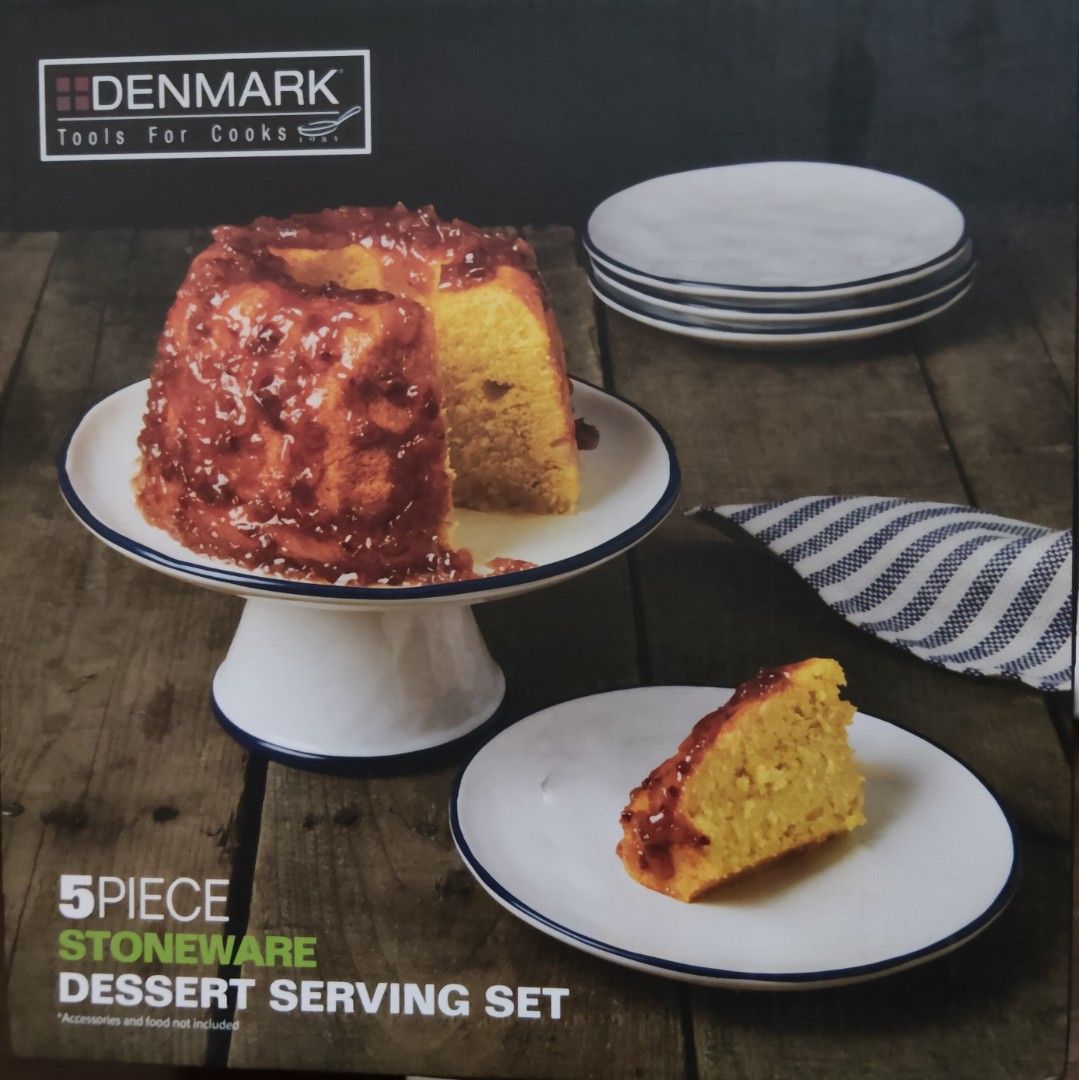 Denmark 5 Piece Stoneware Dessert Serving Set (Category: Dinnerware & Cutlery) located in Manila. Submitted by audrey03 (Listing ID 1457003570, Image 1). Description: - DENMARK Tools For Cooks 5-piece stoneware dessert serving set - Includes 1 cake stand and 4 x 7-inch canapé plates - Classic white design with a stylish blue rim - Made from durable stoneware - Dishwasher safe for easy cleaning - Microwaveable for reheating - Ideal for serving cak