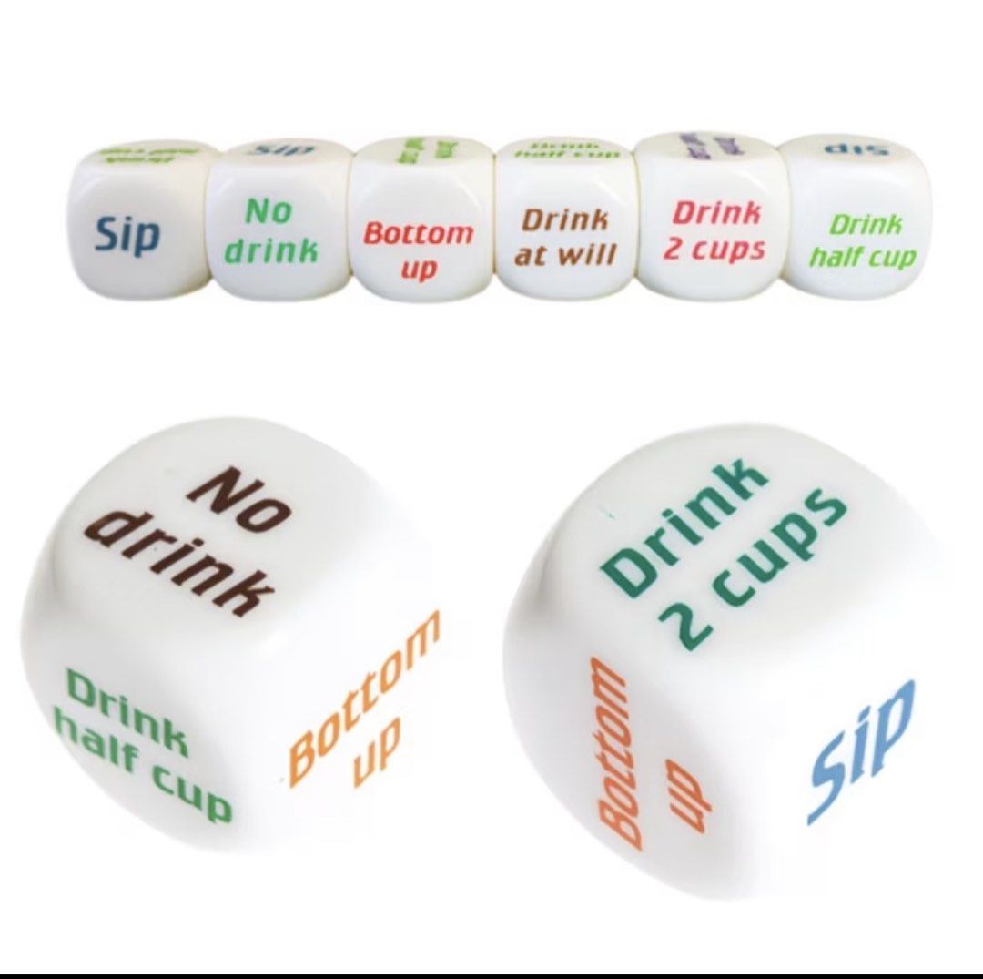Drinking Dice Game (Category: Board Games & Puzzles) located in Singapore. Submitted by charlotteee2202 (Listing ID 1457128317, Image 1). Description: - Fun drinking dice to liven up any party! - Each die features unique instructions: Sip, No drink, Bottom up, Drink at will, Drink 2 cups, Drink half cup. - Simple to use: just roll and follow the command. - Ideal for game nights, house parties, and gatherings. - Adds an extra element of fun to you