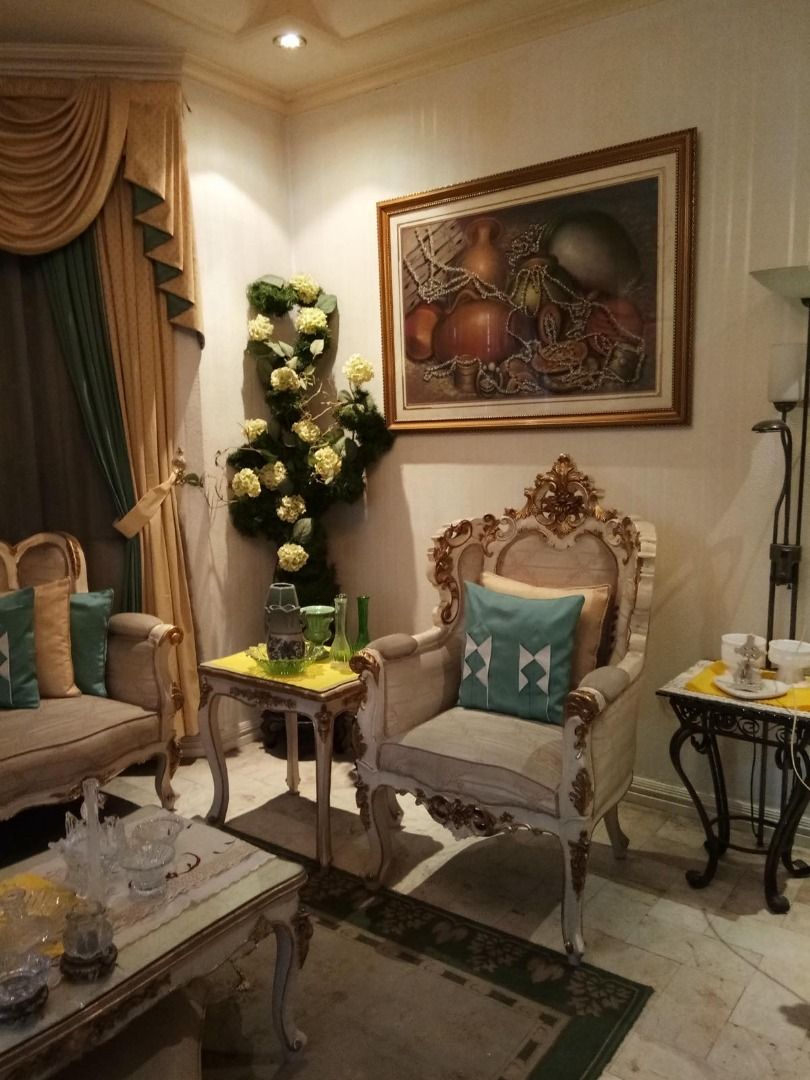 Elegant Complete Sala Set for Sale (Category: Sofas) located in Meycauayan. Submitted by deankitch (Listing ID 1456954983, Image 3). Description: Selling a complete classic-style sala set in good condition. Features an elegant cream and gold finish with detailed wood accents, perfect for a spacious living room or receiving area. Set Includes: • 1 Main Sala Chair / Sofa • 2 Side Chairs • 2 Side Tables • 1 Center Table • 1 Telephone Table Location: