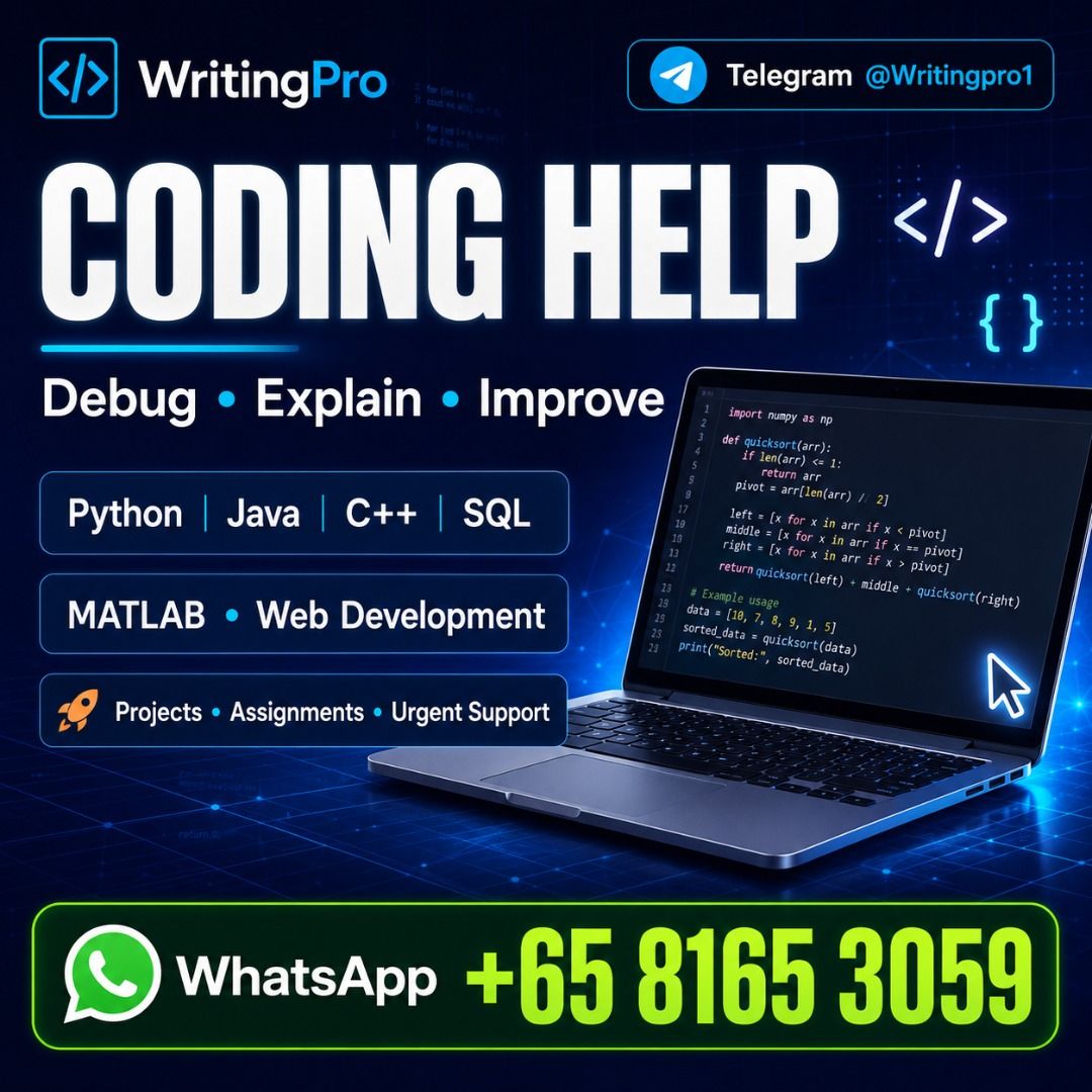 Expert Coding Help Programming Assignment Help Services Python Javascript App development Website Design Machine learning (Category: Professional Skills) located in Singapore. Submitted by writingprosg (Listing ID 1457028491, Image 1). Description: 💻 CODING & PROGRAMMING HELP SINGAPORE Stuck with errors, confusing requirements or code that refuses to work? WritingPro provides clear, confidential coding guidance for students, beginners and workin