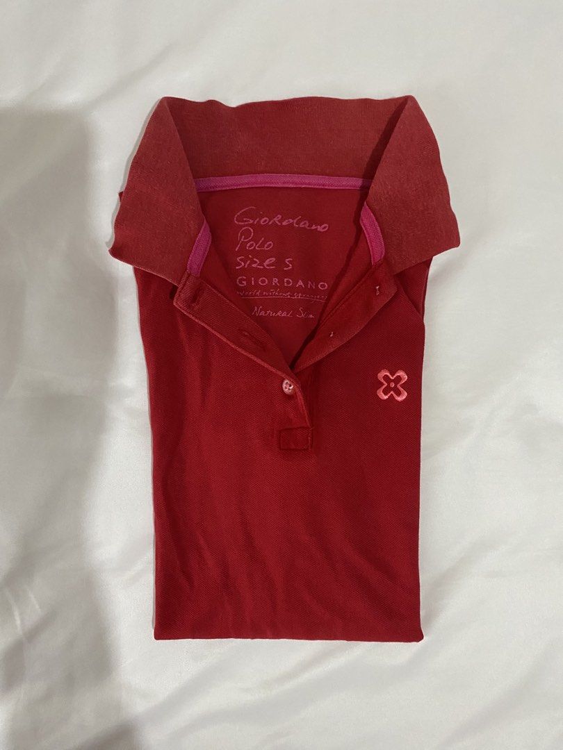 Giordano Red Polo Shirt Size S (Category: Shirts) located in Pasig City. Submitted by fountainpenmd (Listing ID 1457048294, Image 2). Description: Wardrobe overhaul sale! Giordano Women’s Polo, size S, in a beautiful red and pink color combination. Well-loved and well-used, but still wearable. Has natural signs of use/wear consistent with age. No major damage noted. Perfect for casual everyday wear, especially if you like classic/vintage Giordano