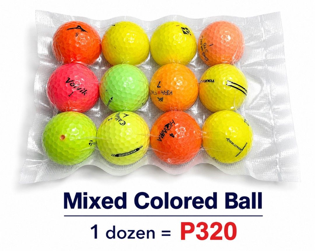 Golf balls for Sale (Category: Golf) located in Tarlac. Submitted by jack_go (Listing ID 1456050923, Image 2). Description: Used Golf balls for sale per dozen 1. Titleist ProV1, 1 dozen - P360 (sold) 2. Callaway, Taylormade, titleist mix, 1 dozen - P340 (sold) 3. Colored mix, 1 dozen -P320 4. White balls mixed mint condition 1 dozen-P300 5. White balls mixed practice, 1 dozen- P240 Vacuum packed for added moisture protection..