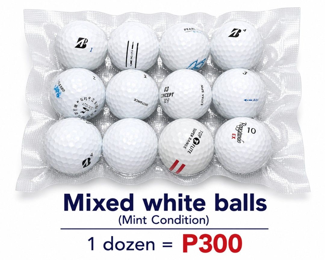 Golf balls for Sale (Category: Golf) located in Tarlac. Submitted by jack_go (Listing ID 1456050923, Image 3). Description: Used Golf balls for sale per dozen 1. Titleist ProV1, 1 dozen - P360 (sold) 2. Callaway, Taylormade, titleist mix, 1 dozen - P340 (sold) 3. Colored mix, 1 dozen -P320 4. White balls mixed mint condition 1 dozen-P300 5. White balls mixed practice, 1 dozen- P240 Vacuum packed for added moisture protection..
