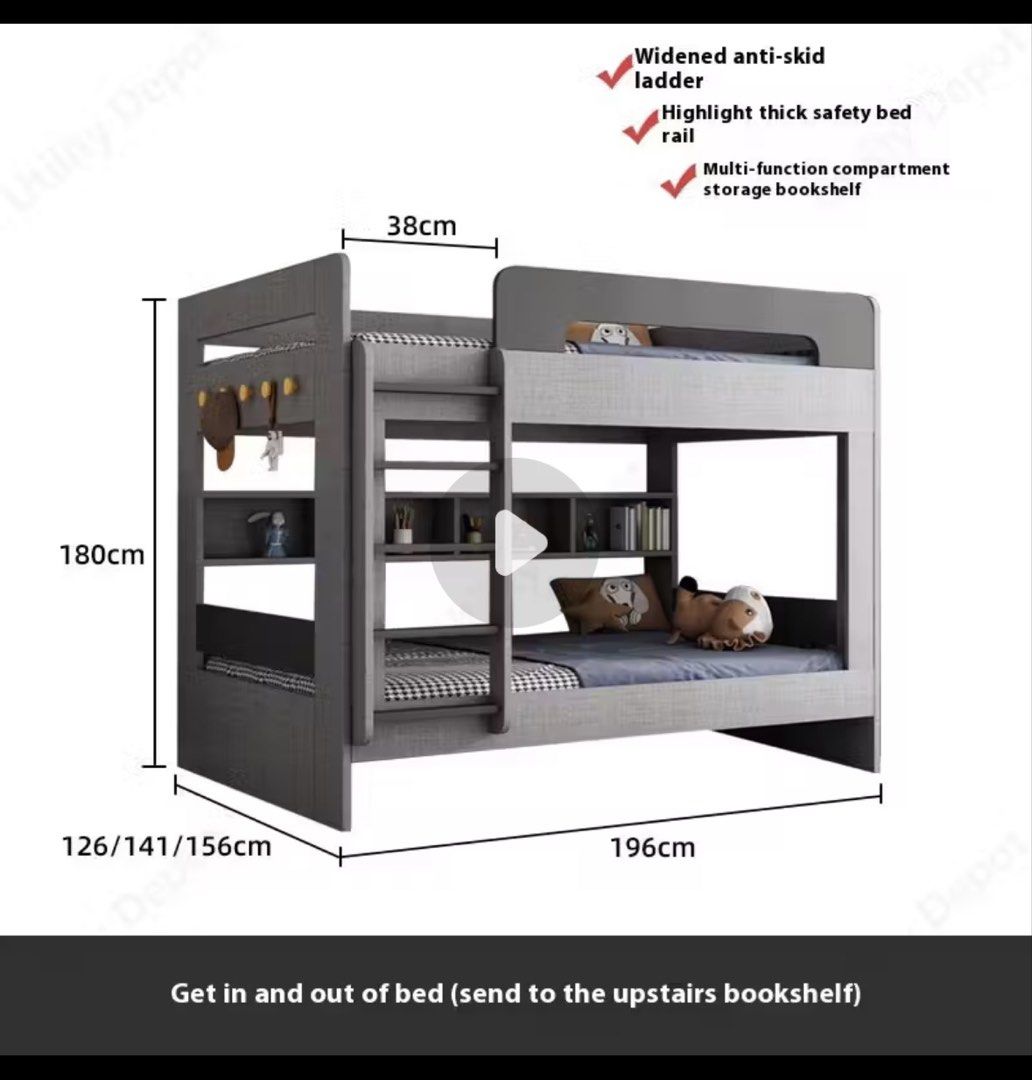 Bunk Bed Multi-Function Double Decker Bed Large Storage (Category: Bed Frames & Mattresses) located in Singapore. Submitted by nbk_10 (Listing ID 1457094329, Image 1). Description: - Sturdy grey bunk bed - Multi-function compartment storage bookshelf - Excellent space-saving solution - Dimensions: 196cm (L) x 180cm (H) - Top bunk width: 38cm - Width: 126cm - Arrange your own unassembled > delivery > assemble - Bed price is negotiable - 50% deposi