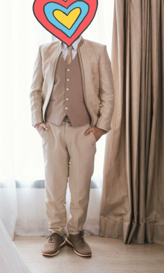 Groom Wedding Attire (Category: Sets & Coordinates) located in Mandaluyong City. Submitted by rache619 (Listing ID 1457137136, Image 1). Description: - **Groom's Suit:** - Tailored from Armani Fabric/Sharkskin - 18.5-inch shoulder, 23-inch armhole - Includes coat, vest, and pants - **Measurements:** Detailed in photos.