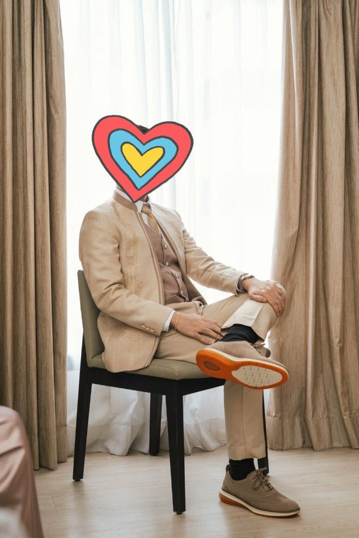 Groom Wedding Attire (Category: Sets & Coordinates) located in Mandaluyong City. Submitted by rache619 (Listing ID 1457137136, Image 2). Description: - **Groom's Suit:** - Tailored from Armani Fabric/Sharkskin - 18.5-inch shoulder, 23-inch armhole - Includes coat, vest, and pants - **Measurements:** Detailed in photos.