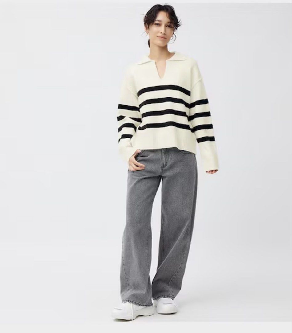 GU Cream Striped Polo Collar Sweater (Category: Longsleeves) located in Pasig City. Submitted by _secondchances (Listing ID 1457096302, Image 2). Description: - Cream sweater with black horizontal stripes - V-neck polo collar - Long sleeves - Ribbed hem - Cozy and stylish for casual wear - Pairs well with jeans or skirts Like new used twice sa international travel.
