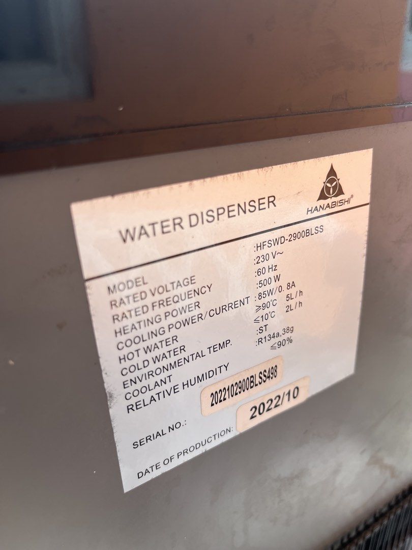 Hanabishi Electric Water Dispenser (Category: Coffee & Tea Tableware) located in Quezon City. Submitted by ddpreloveditems (Listing ID 1456957605, Image 3). Description: Brought for 11k Selling for 9,500 WATER DISPENSER HANABISHI MODEL: HFSWD-2900BLSS RATED VOLTAGE: 230 V~ RATED FREQUENCY: 60 Hz HEATING POWER: 500 W COOLING POWER/CURRENT: 85W/0.8A HOT WATER: ≥90°C — 5L/h COLD WATER: ≤10°C — 2L/h REFRIGERANT: R134a, 38g COOLANT: ST ENVIRONMENTAL T