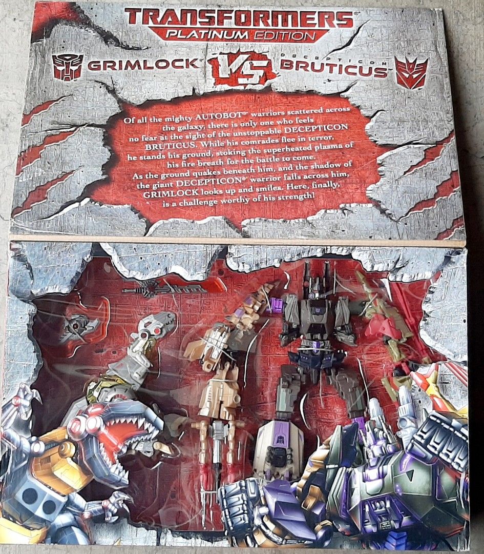 Hasbro Transformers Platinum Edition Grimlock vs. Decepticon Bruticus (Category: Action & Battle Toys) located in Liloan. Submitted by angelyneroberts_171329 (Listing ID 1457089042, Image 2). Description: FOR SALE Hasbro Transformers Platinum Edition Grimlock vs. Decepticon Bruticus DESCRIPTION : - Part of Hasbro's collector-focused Platinum Edition line, initially distributed as a shared exclusive around 2013–2015. - The packaging and deco pay h