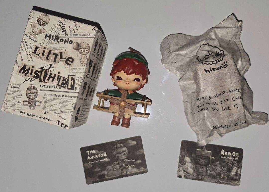 Hirono Little Mischief - Robot & The Aviator (Category: Designer & Blind Box Toys) located in Manila. Submitted by arginine (Listing ID 1456976093, Image 1). Description: - Robot (w/ card, sealed foil) - The Aviator (w/ card, foil, & open bottom box) SOLD AS SET ONLY.