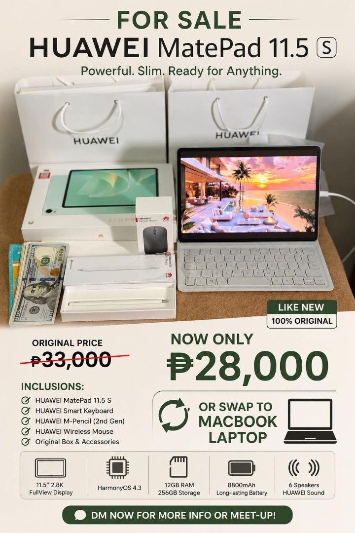 HUAWEI MatePad 11.5 S with Keyboard, M-Pencil, Mouse (Category: Android) located in Caloocan City. Submitted by turtlesam (Listing ID 1457097791, Image 1). Description: - HUAWEI MatePad 11.5 S - Powerful and slim tablet - Includes HUAWEI Smart Keyboard, M-Pencil (2nd Gen), and wireless mouse - Original box and accessories included - Stunning 11.5" 2.8K FullView Display - Latest HarmonyOS 4.3 - Massive 12GB RAM and 256GB Storage - Long-lasting 880