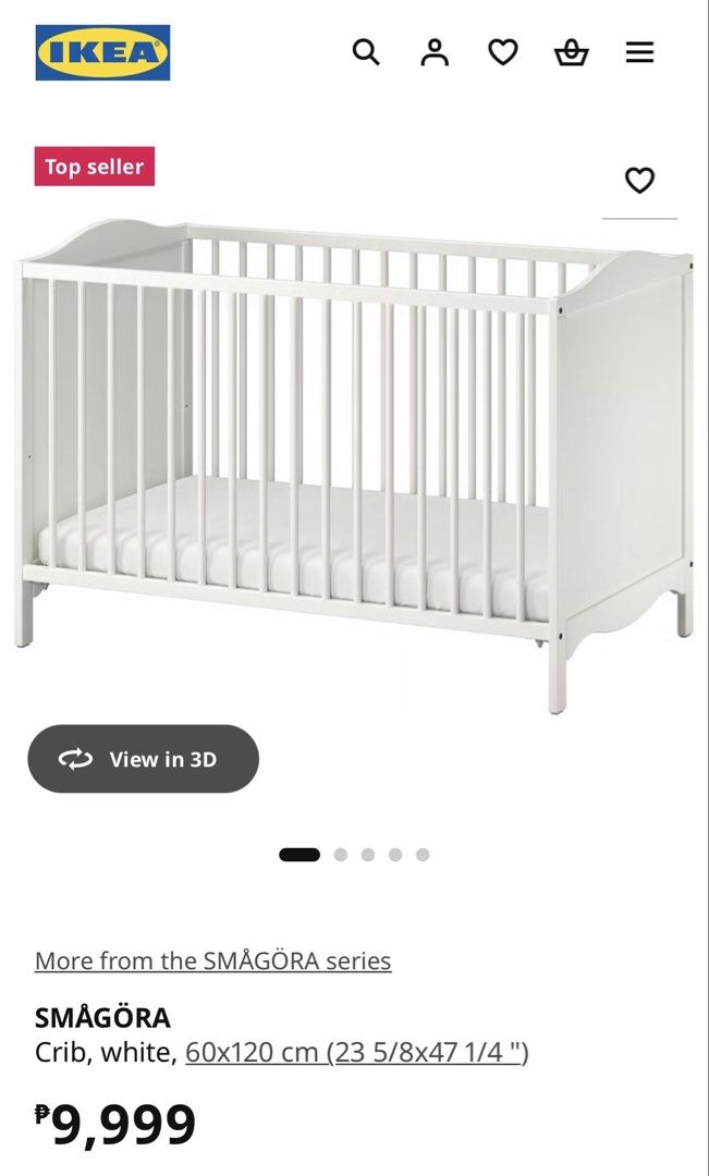 IKEA SMÅGÖRA CRIB (Category: Cots & Cribs) located in Manila. Submitted by nqueenieclaire (Listing ID 1457103010, Image 3). Description: FOR SALE — PRELOVED IKEA SMÅGÖRA Baby Crib in White 60 × 120 cm (23 5/8 × 47 1/4”) Condition: Good and still sturdy/usable. Has minimal scratches and a few small paint marks/chips from normal use. These are not very noticeable and can only really be seen when looking closely. Perfect for parents looking for a si